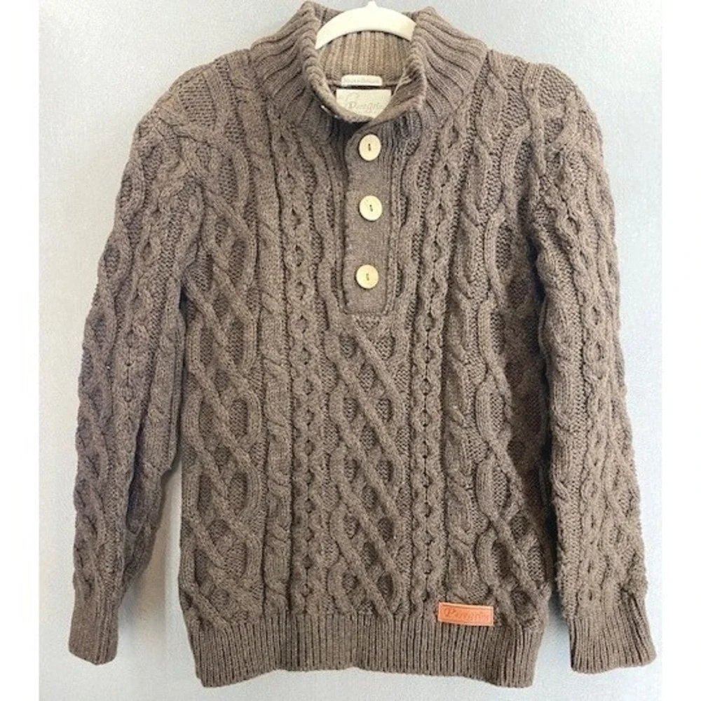 Peregrine‎ Mens M Wool Cable Knit Fisherman Sweater Brown Button Neck England
